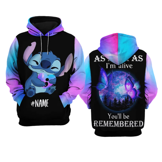 Custom Name Suicide Awareness, Stitch Disney Suicide Awareness, As Long As Im Alive You'll Be Remembered All Over Print Hoodie Moonbestprint