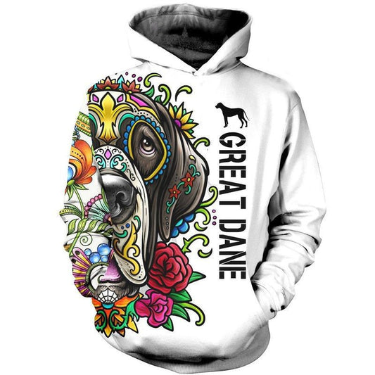 Great Dane Day Of The Dead Sugar Skull Dog Over Print 3d Hoodie Zip Hoodie Moonbestprint