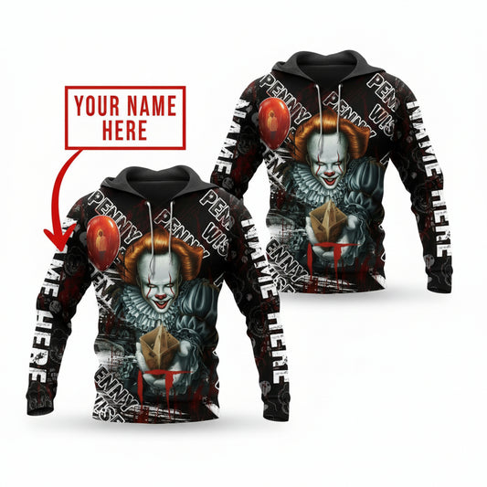 Custom Name Horror Movies Horror Characters It Pennywise Horror Halloween Gift All Over Print Hoodie Moonbestprint