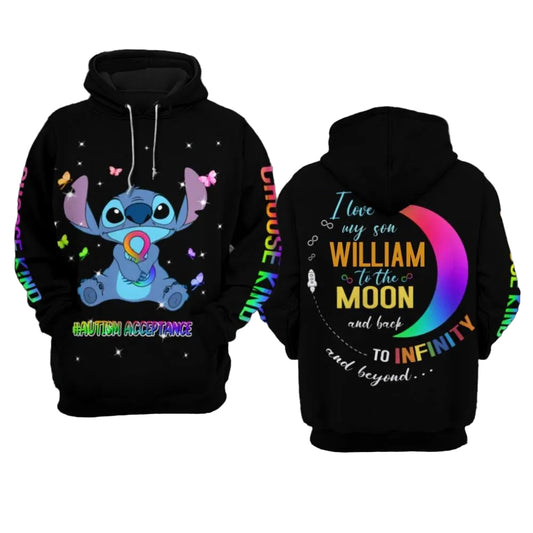Personalized Autism Awareness Stitch Disney, Autism Acceptance, I Love My Son To The Moon And Back All Over Print Hoodie Moonbestprint