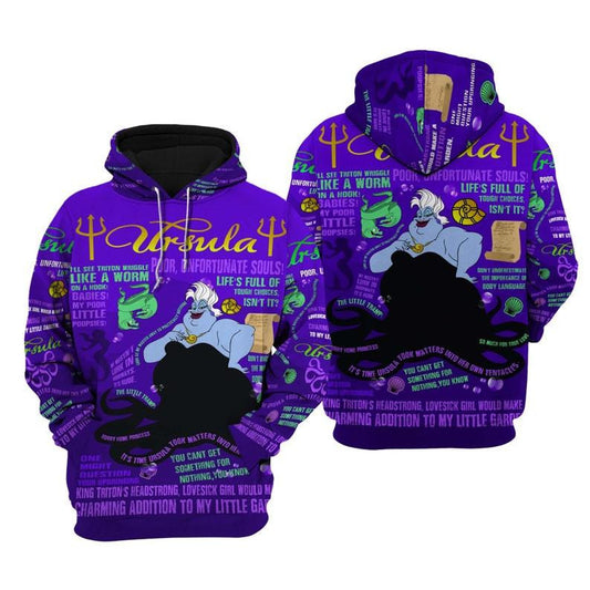 The Litlle Mermaid Disney Cartoon, Disney Quotes, Ursula Disney Villains Punk Words Pattern All Over Print Hoodie, Zip Hoodie Moonbestprint