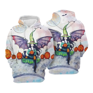 Halloween Witch With Wings White 3d Hoodie Zip Hoodie Moonbestprint