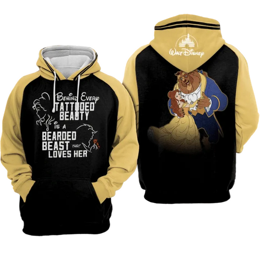 Beauty And The Beast Disney, Behind Every Tattooed Beauty Is A Beared Beast Loves Her All Over Print Hoodie Moonbestprint