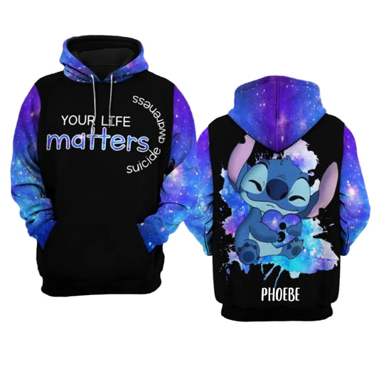 Personalized Suicide Awareness, Stitch Disney Suicide Awareness, Your Life Matters All Over Print Hoodie Moonbestprint