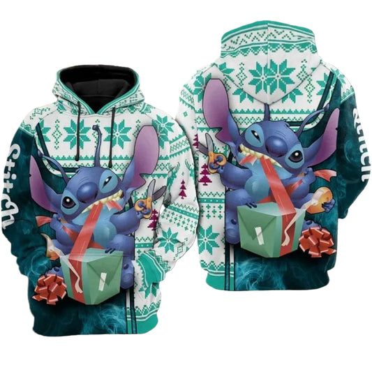 Stitch With Gift Box Cartoon Lilo &amp; Stitch Over Print 3d Hoodie Zip Hoodie Moonbestprint