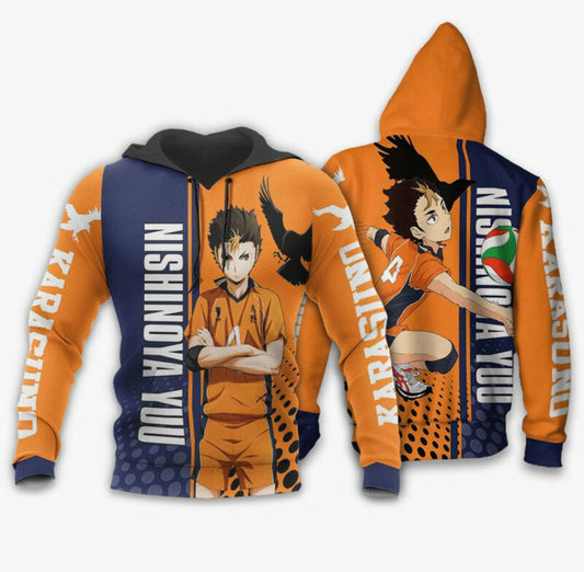 Haikyuu Hoodie Karasuno Nishinoya Yuu Playing Volleyball Orange Blue 3d Hoodie Zip Hoodie Moonbestprint