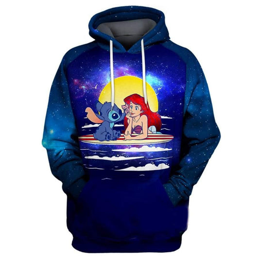 Disney Cartoon Characters Fan Gift, Stitch And Ariel Mermaid Princess Disney All Over Print Hoodie Moonbestprint