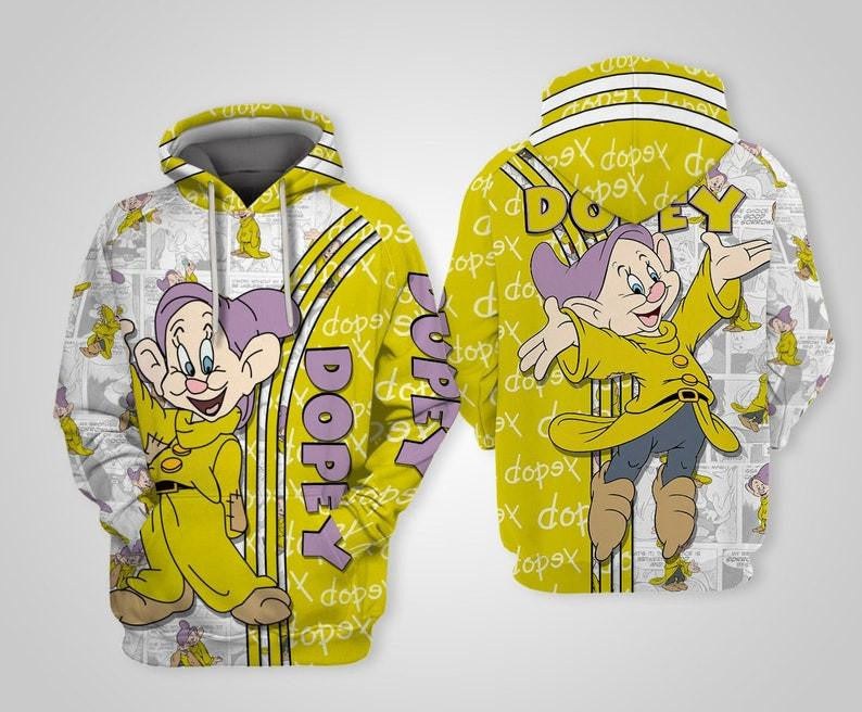 Yellow Dopey Snow And Seven The Dwarfs Disney Cartoon, Dopey Signature All Over Print Hoodie, Zip Hoodie Moonbestprint