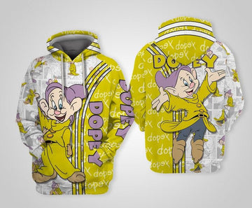 Yellow Dopey Snow And Seven The Dwarfs Disney Cartoon, Dopey Signature All Over Print Hoodie, Zip Hoodie Moonbestprint