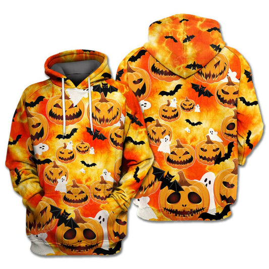 Halloween Hoodie Pumpkin Hoodie Scary Face Pumpkin Ghost And Bats Tie Dye Orange 3d Hoodie Zip Hoodie Moonbestprint