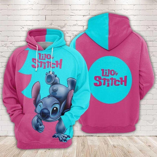 Lilo And Stitch Disney, Cute Stitch Blue And Pink Aop Hoodie Moonbestprint