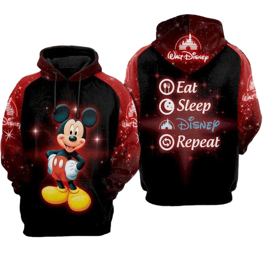 Funny Mickey Mouse Disney, Eat Sleep Disney And Repeat Aop Hoodie Moonbestprint