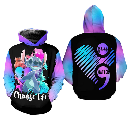 Suicide Awareness, Colorful Stitch Disney Suicide Awareness Choose Life All Over Print Hoodie, Zip Hoodie Moonbestprint