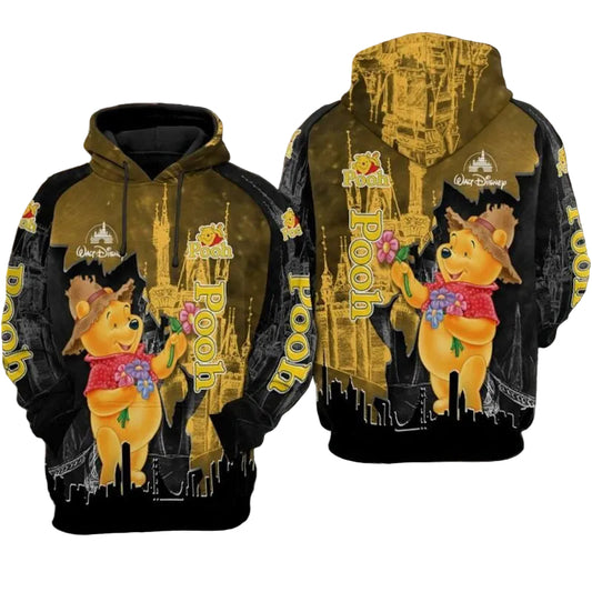 Pooh With Flower Cartoon Winnie The Pooh Disneyland Over Print 3d Hoodie Zip Hoodie Moonbestprint