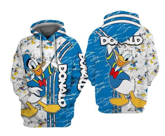 Donald Duck Disney Cartoon, Donald Duck Signature, Donald Comics Book Patterns All Over Print Hoodie, Zip Hoodie Moonbestprint
