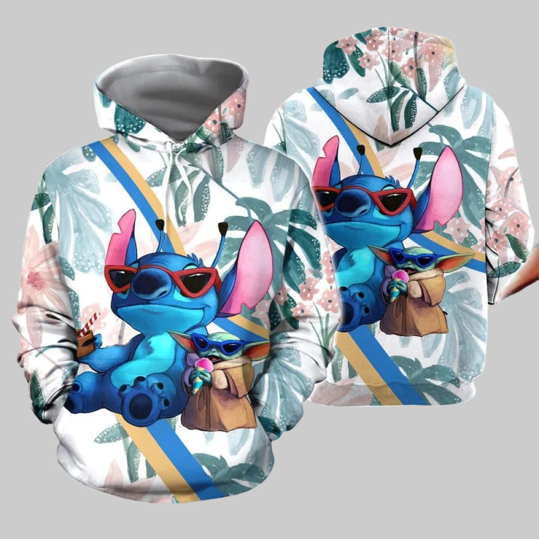 Cool Yoda And Stitch Fan Gift, Stitch And Yoda Tropical Leaf All Over Print Hoodie Moonbestprint