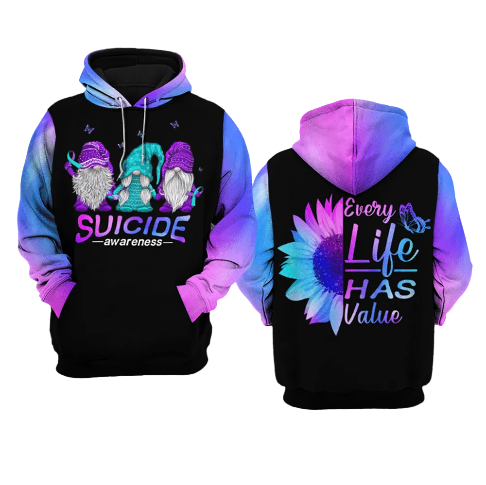 Gnomes Suicide Awareness, Every Life Has Value All Over Print Hoodie Moonbestprint