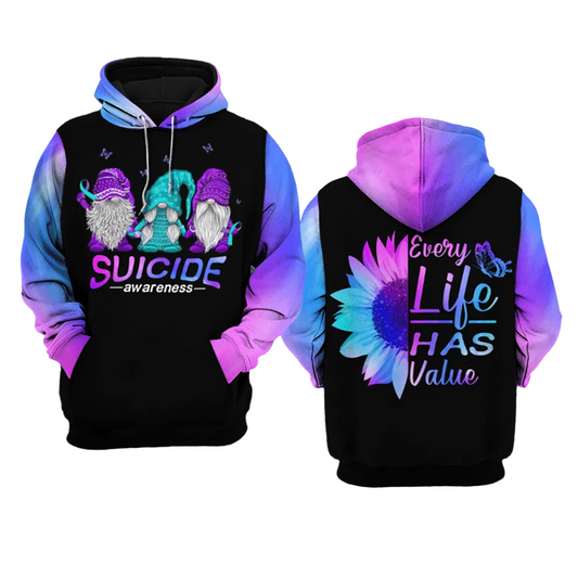 Gnomes Suicide Awareness, Every Life Has Value All Over Print Hoodie Moonbestprint