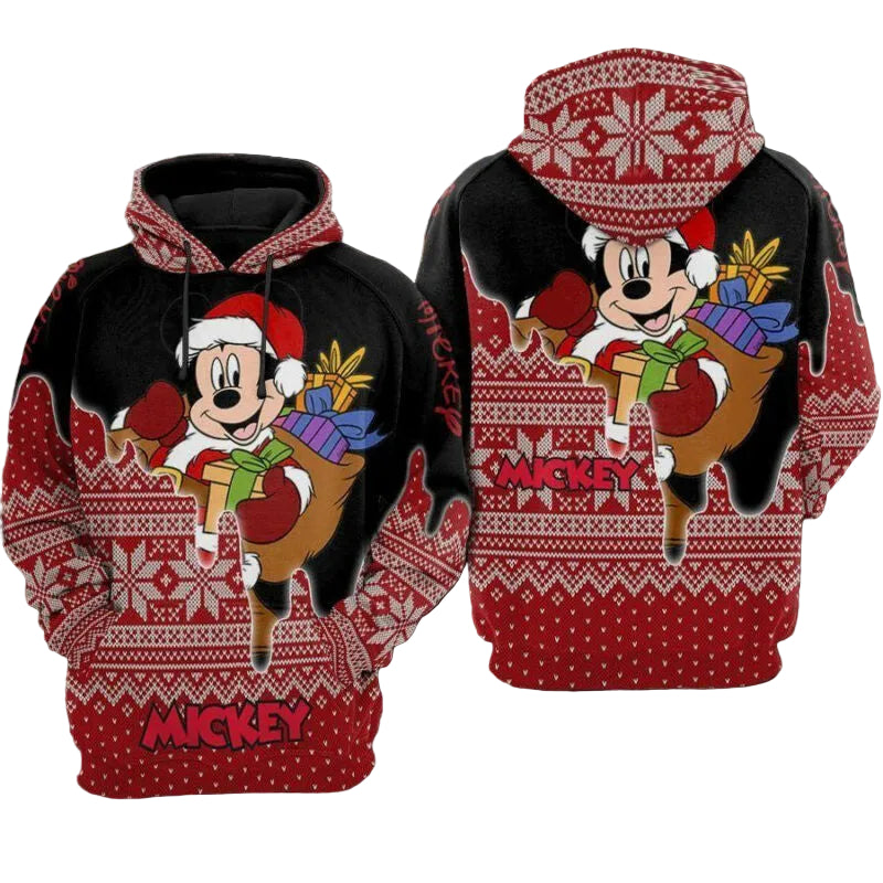 Santa Mickey Mouse Christmas Snowflake Pattern Black Red 3d Hoodie Zip Hoodie Moonbestprint