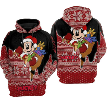 Santa Mickey Mouse Christmas Snowflake Pattern Black Red 3d Hoodie Zip Hoodie Moonbestprint