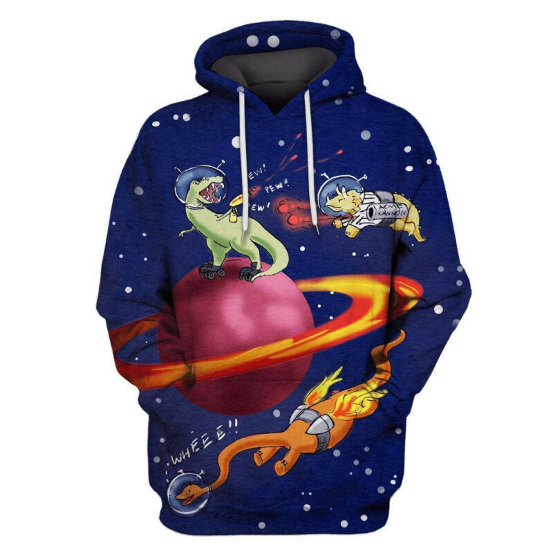 Dinosaur Fighting In Space Cute Blue 3d Hoodie Zip Hoodie Moonbestprint