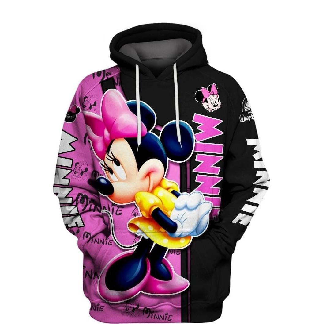 Disney Minnie Mouse, Minnie Pattern Cute Pose Minnie Black Pink Aop Hoodie Moonbestprint