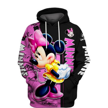 Disney Minnie Mouse, Minnie Pattern Cute Pose Minnie Black Pink Aop Hoodie Moonbestprint