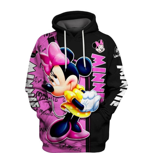 Disney Minnie Mouse, Minnie Pattern Cute Pose Minnie Black Pink Aop Hoodie Moonbestprint