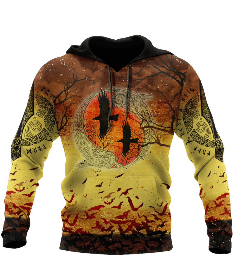 Halloween Hoodie Viking Hoodie Viking Halloween Night Ravens And Bats Yellow Orange 3d Hoodie Zip Hoodie Moonbestprint