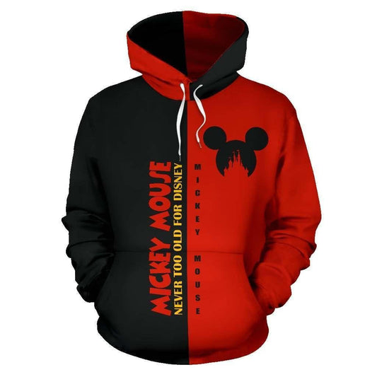 Mickey Mouse Disney, Mickey Never Too Old For Disney Black And Red Ver2 Aop Hoodie Moonbestprint