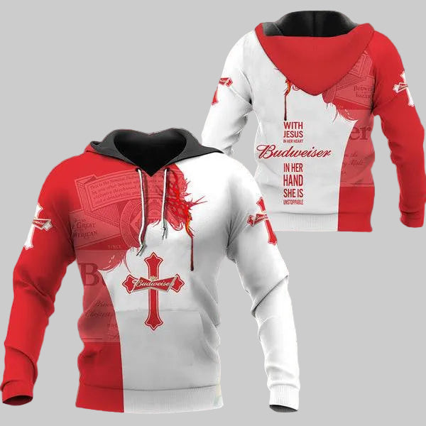 Budweiser Lover Gift, With Jesus In Her Heart Budweiser In Her Hand She Is Unstopable All Over Print Hoodie, Zip Hoodie 22 Moonbestprint