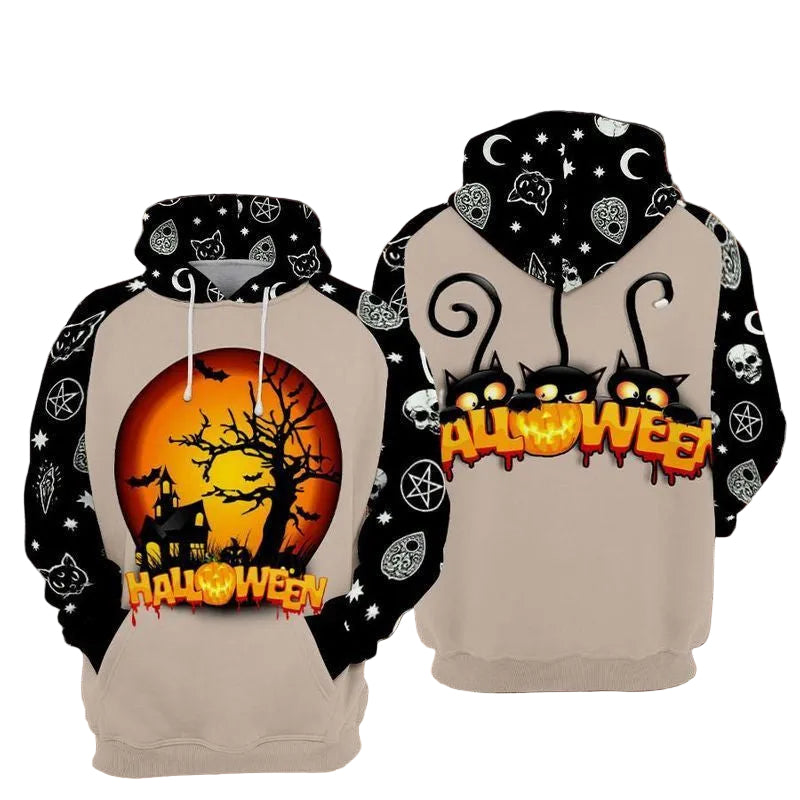 Doodle Halloween Cat Theme Over Print 3d Hoodie Zip Hoodie Moonbestprint