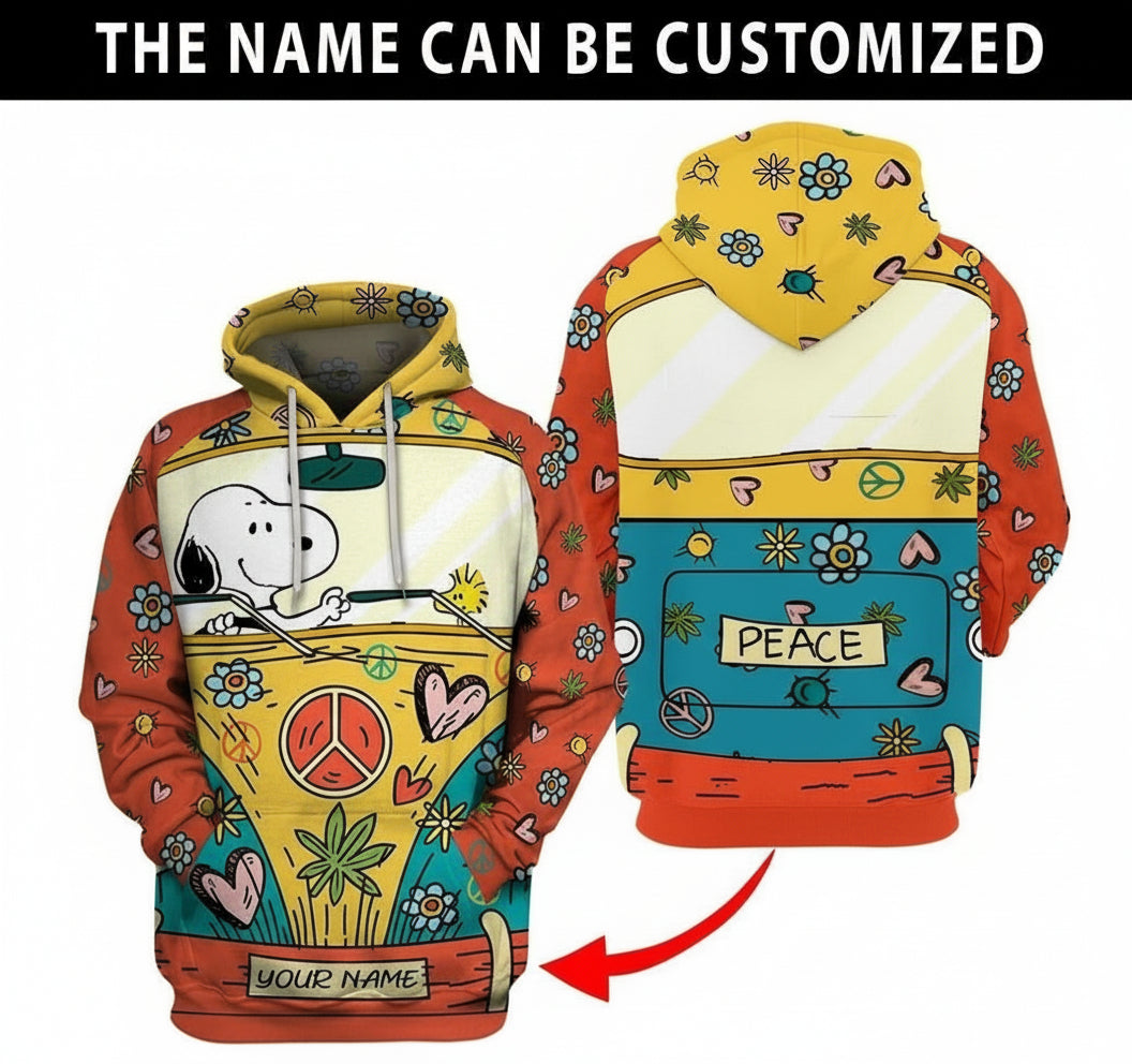 Customized Snoopy, Hippie Snoopy The Peanuts, Snoopy Peace And Love Aop Hoodie Moonbestprint