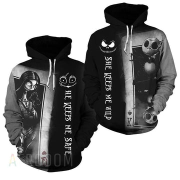 Jack &amp; Sally Couple He Keeps Me Safe, She Keeps Me Wild 3d Hoodie Moonbestprint