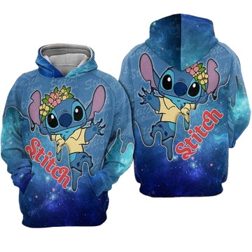 Disney Stitch Wearing Flower Wreath Galaxy Blue 3d Hoodie Zip Hoodie Moonbestprint