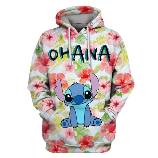 Stitch Disney, Stitch Ohana Tropical Flowers Aop Hoodie Moonbestprint