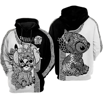 Stitch Disney, Stitch Ohana Mandala Style Black White Aop Hoodie Moonbestprint