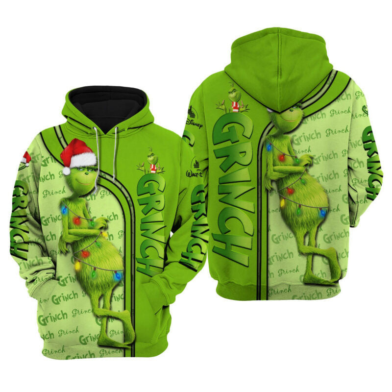 Grinch Hoodie Grinch With Christmas Light And Hat Green 3d Hoodie Zip Hoodie Moonbestprint