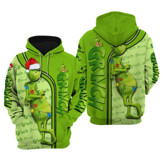 Grinch Hoodie Grinch With Christmas Light And Hat Green 3d Hoodie Zip Hoodie Moonbestprint