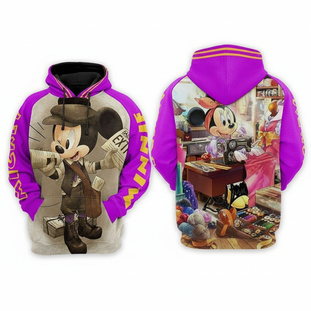 Disney Minnie And Mickey Mouse, Mickey Newsboy And Minnie Sewing Aop Hoodie Moonbestprint
