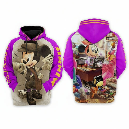 Disney Minnie And Mickey Mouse, Mickey Newsboy And Minnie Sewing Aop Hoodie Moonbestprint