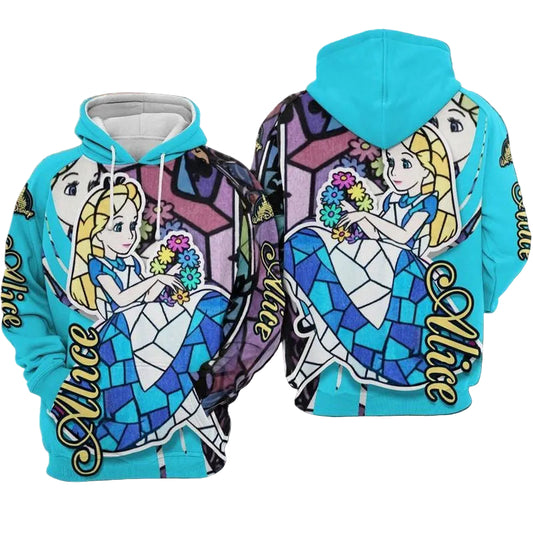 Alice In Wonderland Stained Glass Style Over Print 3d Hoodie Zip Hoodie Moonbestprint