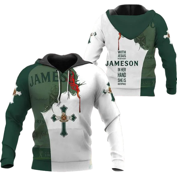 Jameson Lover Gift, With Jesus In Her Heart Jameson In Her Hand She Is Unstopable Aop Hoodie, Zip Hoodie 27 Moonbestprint