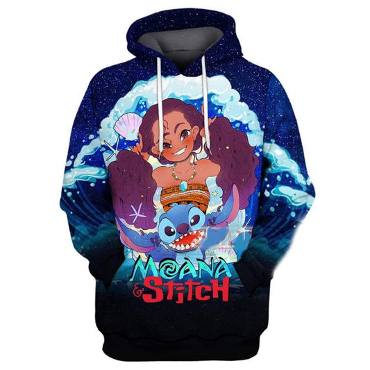 Disney Cartoon Characters Fan Gift, Stitch And Moana Princess All Over Print Hoodie Moonbestprint