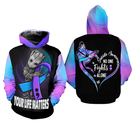 Groot Suicide Awareness, Your Life Matters, No One Fights Alone All Over Print Hoodie Moonbestprint