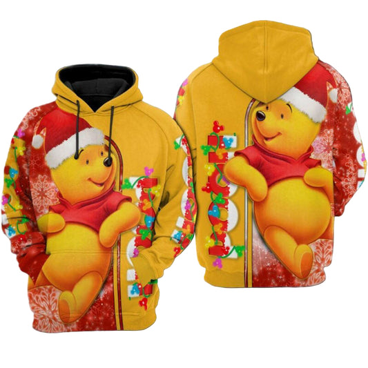 Disney Winnie The Pooh With Christmas Hat And Light Red Yellow 3d Hoodie Zip Hoodie Moonbestprint
