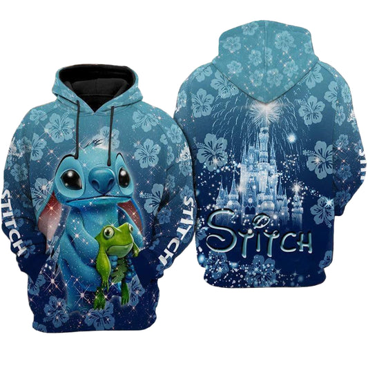 Disney Lilo And Stitch, Stitch And Frog, Disney Castle Aop Hoodie, Zip Hoodie Moonbestprint