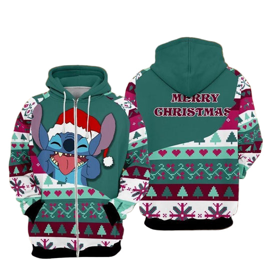 Stitch - Santa Hat With Blue Ugly Christmas Over Print 3d Hoodie Zip Hoodie Moonbestprint