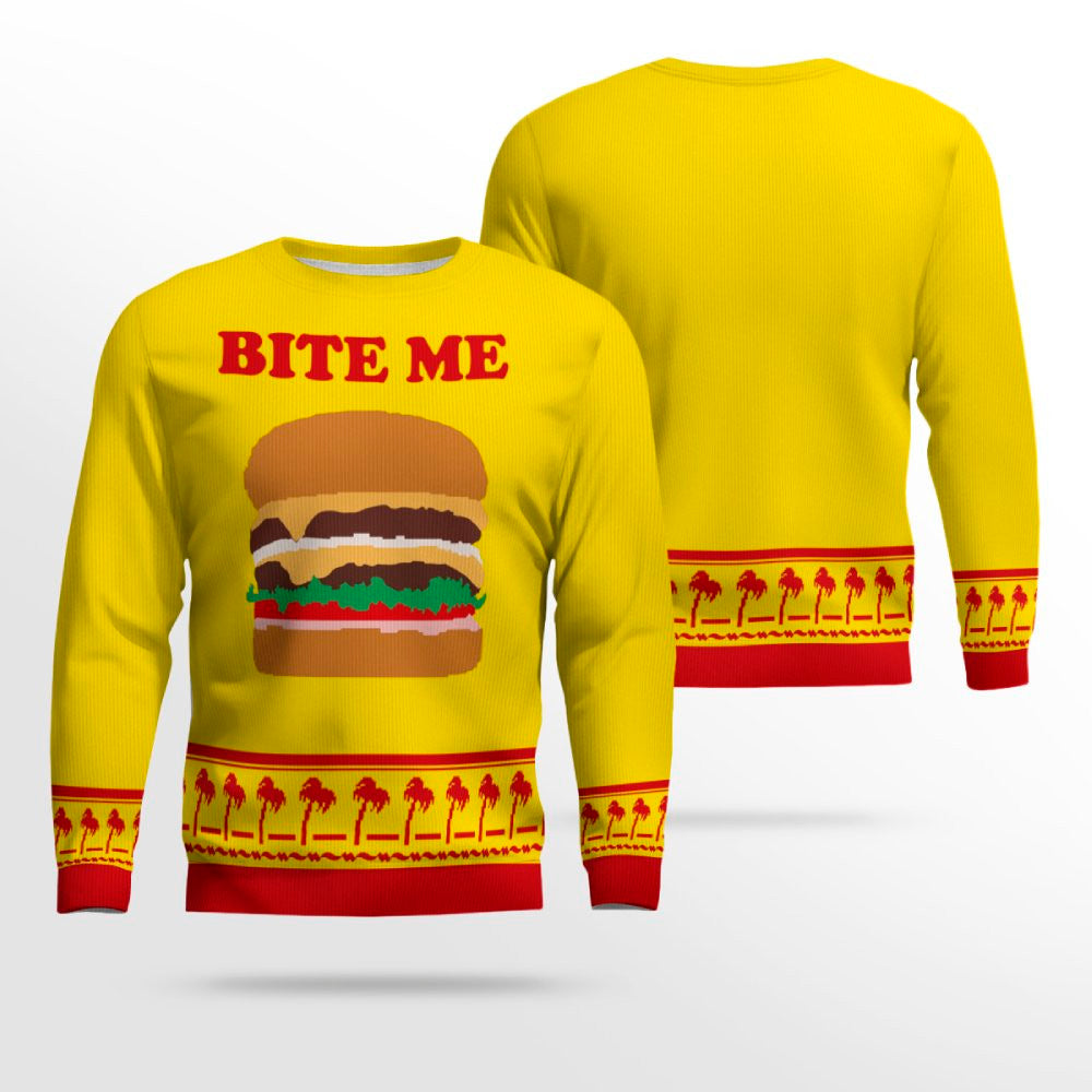 Burger Bite Me Sticker 1970 Ugly Christmas Sweater Golden Yellow – Moonbestprint
