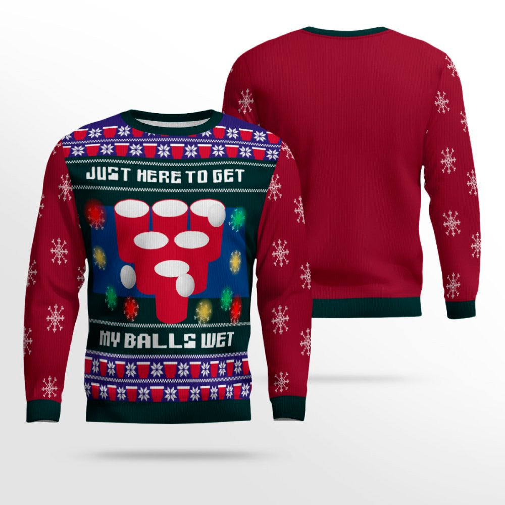 Just Here to Get My Balls Wet Beer Pong Ugly Christmas Sweater Burgundy – Moonbestprint